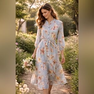 En Focus Studio Blue Floral Midi Dress Size 12 | Belted Tiered Boho Cottagecore